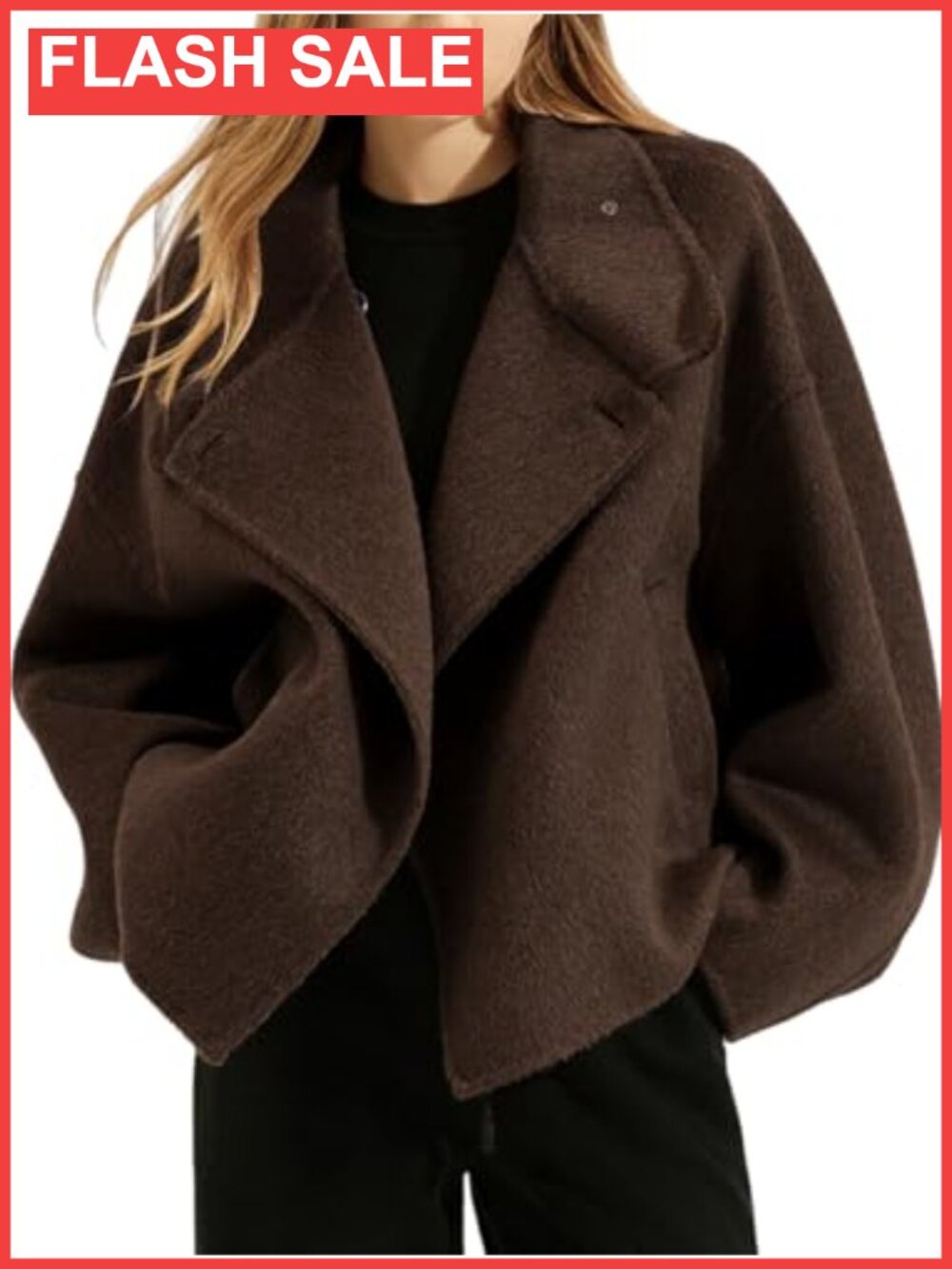 Cropped Wool Blend Pea Coat Notch Lapel Trench Coat for Women